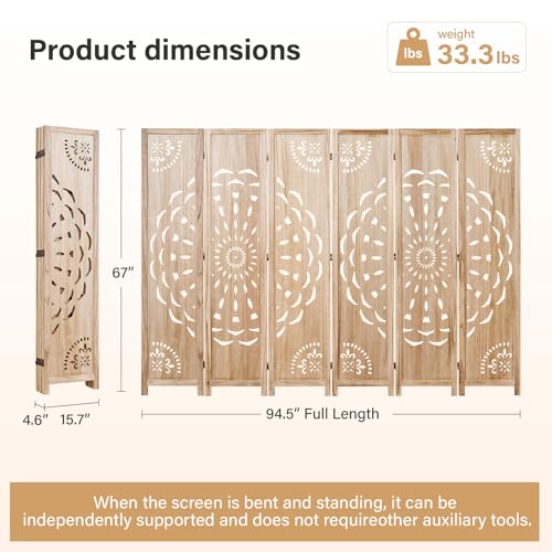 66.9Inch Wooden Room Partition - 6 Panels Boho-Styled Space Room Divider for Home/Office, Headboard & Yoga/Photo/Video Call Backdrop (Natural) Svimi