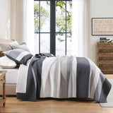 DUOHONG 100% Cotton Quilt Set King Size, King Quilt Bedding Set, Striped Pattern Quilt Bedspread for King Bed, Modern Minimalist Bed Spread Lightweight Comforter, 3Pcs, Charcoal-Blue/Gray/White DUOHONG