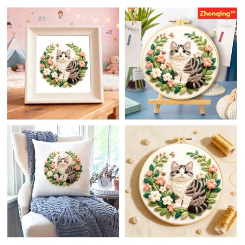 Zhenqing Gray Cat Embroidery Kit for Beginners, Pre-Printed 29x29cm Cotton Fabric with 20cm Hoop, Cute Striped Cat in Floral Wreath Design (C0245)