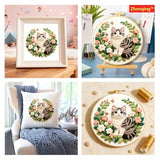 Zhenqing Gray Cat Embroidery Kit for Beginners, Pre-Printed 29x29cm Cotton Fabric with 20cm Hoop, Cute Striped Cat in Floral Wreath Design (C0245)