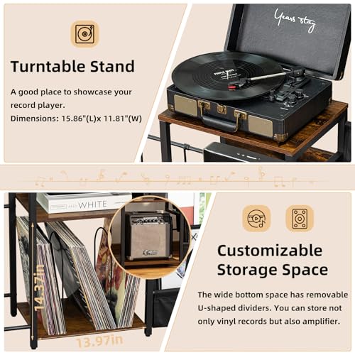 LELELINKY Record Player Stand, Adjustable Guitar Stand for Acoustic Guitar, Electric Guitar, Bass, Turntable Stand with Vinyl Display Shelf Storage Up to 150 Albums,Brown End Table for Music Room LELELINKY