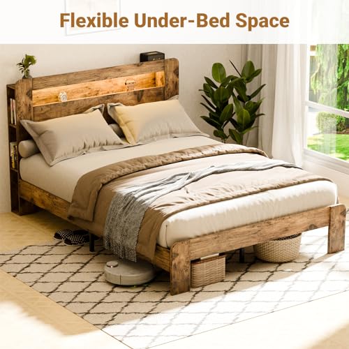 Zevemomo Full Size Bed Frame with LED Lights & Charging Station - Rustic Brown Zevemomo