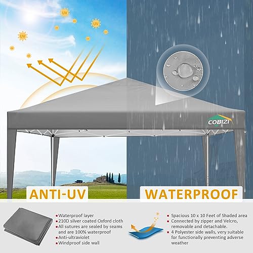 COBIZI 10x10 Pop Up Canopy Tent with 4 Sidewalls Party Tents for Parties Weddings Backyard Waterproof Commercial Instant Outdoor Events Tent with Stakes, Ropes（10 x 10 ft Gray COBIZI