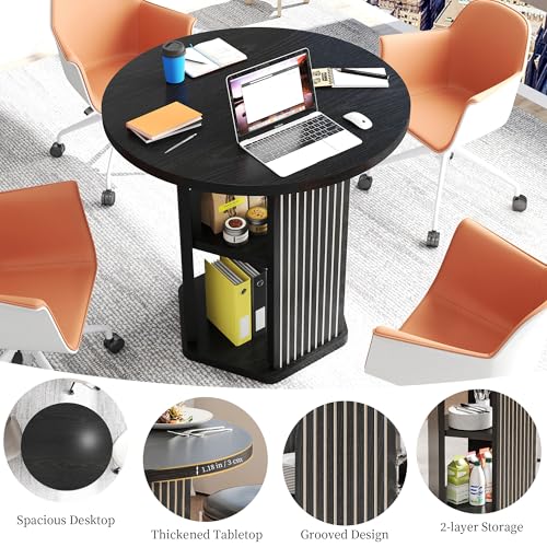 ZONVEOKE Small Conference Table for 2-4 People, 31.5" Round Meeting Table with 2-Layer Storage Shelf for Space Saving, Mid-Century Modern Seminar Boardroom Desk for Office Conference Room ZONVEOKE