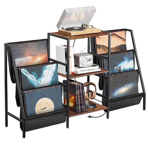 SUPER DEAL Record Player Stand, 3-Tier Turntables Stand with Vinyl Storage and Charging Station, Display Rack Table for Speaker, Amplifier, Storage Up to 280 Albums, Rustic Brown SUPER DEAL