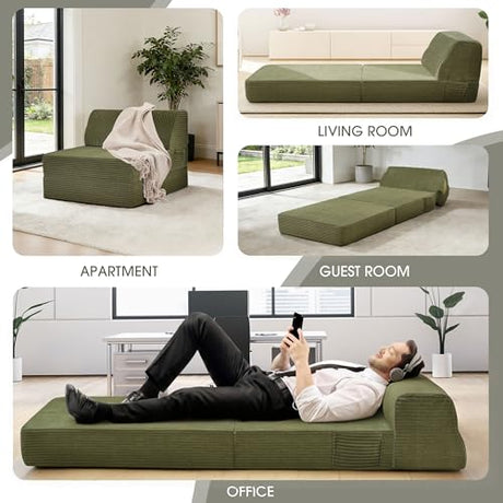 Kasunpul Folding Sofa Bed with Pillow, Memory Foam Fold Out Chair Bed, Convertible Sleeper Chair with Washable Cover, Futon Floor Couch for Living Room/Dorm/Guest Use/Home Office/Apartment, Green Kasunpul