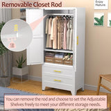 Metal Wardrobe Closet with 2 Doors & 2 Drawers, 71" Tall Armoire Wardrobe Closet with Hanging Rods and Adjustable Shelf, Steel Wardrobe Storage Cabinet for Bedroom-White winiowa