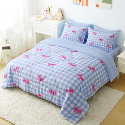 Wajade Bow Comforter Set 7 Piece Blue White Plaid Comforter Sets for Girls Kids Twin Size Checkered Bedding Set with Sheet and 2 Pillowcases 2 Pillow Shams Cute Girls Bed in a Bag as Birthday Choice Wajade