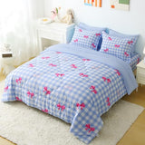 Wajade Bow Comforter Set 7 Piece Blue White Plaid Comforter Sets for Girls Kids Twin Size Checkered Bedding Set with Sheet and 2 Pillowcases 2 Pillow Shams Cute Girls Bed in a Bag as Birthday Choice Wajade