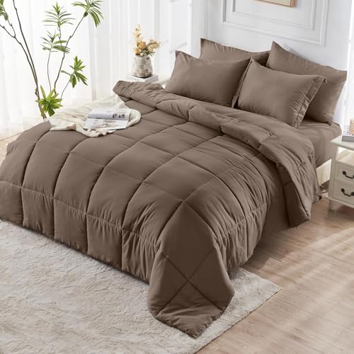 JOLLYVOGUE Queen Comforter Set, Ultra-Soft Bed in a Bag Queen Size 7 Pieces, Oeko-TEX Certified Bedding Set with Down Alternative Comforter, Sheets, Pillowcases & Shams, Brown JOLLYVOGUE