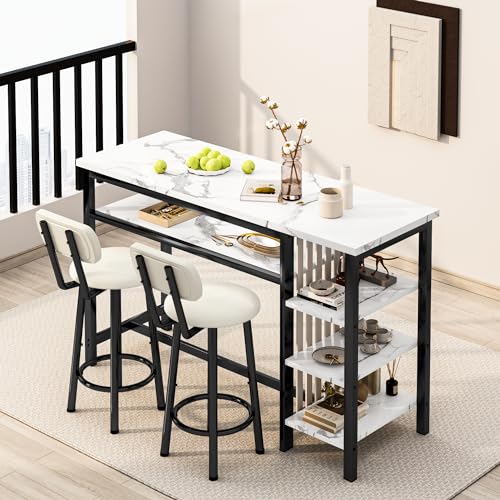 AWQM 3-Piece Bar Table and Chairs Set, Modern White Faux Marble Table with 2 PU Cushion Bar Stools, Kitchen Counter with 3 Tier Storage Shelves, Space Saving Table for Home & Kitchen, Black Frame AWQM
