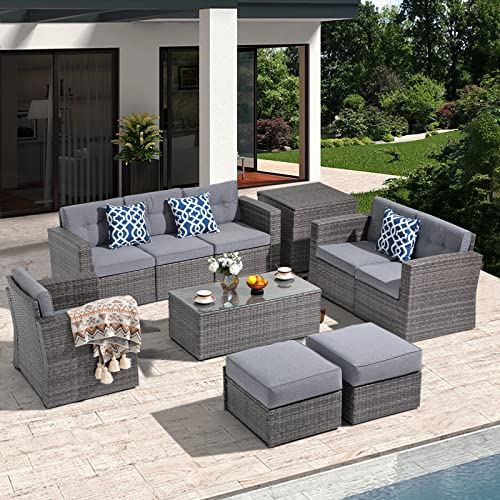 Super Patio 10 Piece Patio Furniture Set, PE Wicker Outdoor Conversation Furniture Set with Ottomans, Storage Box, Coffee Table, Cushions, Clip, Sectional Rattan Sofa for Garden, Porch, Backyard, Grey Super Patio