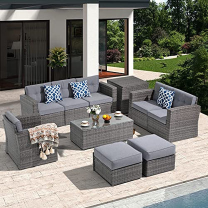 Super Patio 10 Piece Patio Furniture Set, PE Wicker Outdoor Conversation Furniture Set with Ottomans, Storage Box, Coffee Table, Cushions, Clip, Sectional Rattan Sofa for Garden, Porch, Backy - WoodArtSupply