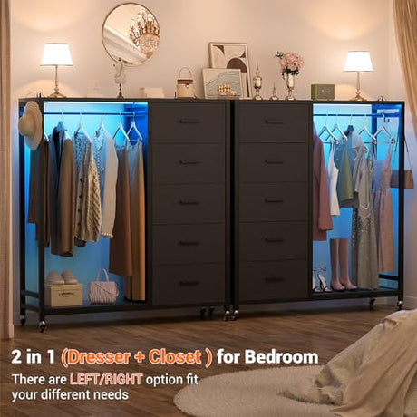 Cyclysio Dresser for Bedroom with Clothes Rack, 5 Drawers Dresser with Charging Station & LED Lights, Black Storage Chest of Drawers with Wheels, Wooden Top, Lockable Wheels, Bedroom, Closet, Black Cyclysio