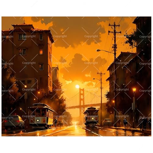 TAOPAOLAB Cityscape Paint by Numbers Kit for Adults - DIY San Francisco Cable Cars and Golden Gate Bridge Sunset Painting on Canvas 16x20 Inches,Acrylic Paint Set,Suitable for Beginners,Art for Decor TAOPAOLAB