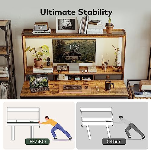 FEZIBO 55 x 27.5 Inches Electric Standing Desk with Open Shelf&LED Strip, Adjustable Height Sit Stand Up Desks with 4 Drawers, Ergonomic Workstation，Rustic Brown - WoodArtSupply