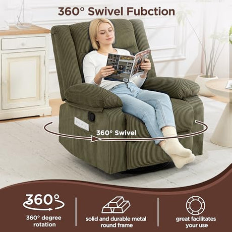 360° Swivel Rocker Recliner Chair for Adults, Nursery Manual Reclining Chair with Arms and Back, Upholstered Glider Rocking with Side Pockets for Living Room, Bedroom Nursing use, Corduroy, Green FiveWillowise