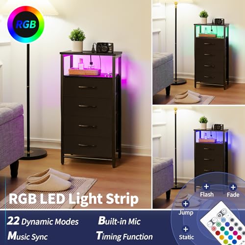 Yoobure Night Stand - LED Black Nightstand with Charging Station, Bedside Table with 4 Storage Drawers and Storage Shelf, End Table with USB Ports and Outlets, Fabric Tall Dresser for Bedroom Yoobure