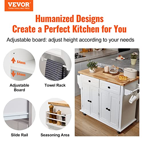 VEVOR Kitchen Island Cart with Solid Wood Top, 35.4" Width Mobile Carts with Storage Cabinet, Rolling Kitchen Table with Spice Rack, Towel Rack, and Drawer, Portable Islands on Wheels, White - WoodArtSupply