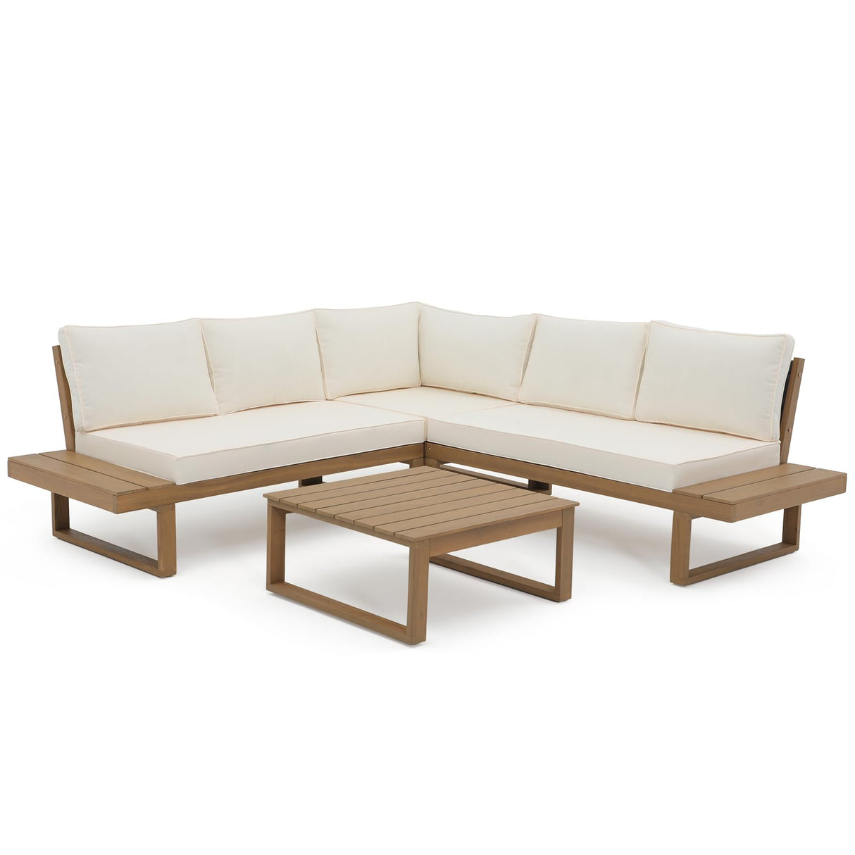 Soleil Jardin 4 Piece Acacia Wood Patio Furniture L-Shaped Outdoor Sectional Sofa Set with Coffee Table, FSC Certified Conversation Set with Built-in Side Table and Cream White Cushions for Garden Soleil Jardin