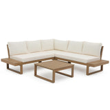 Soleil Jardin 4 Piece Acacia Wood Patio Furniture L-Shaped Outdoor Sectional Sofa Set with Coffee Table, FSC Certified Conversation Set with Built-in Side Table and Cream White Cushions for Garden Soleil Jardin