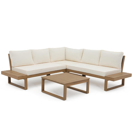 Soleil Jardin 4 Piece Acacia Wood Patio Furniture L-Shaped Outdoor Sectional Sofa Set with Coffee Table, FSC Certified Conversation Set with Built-in Side Table and Cream White Cushions for Garden Soleil Jardin