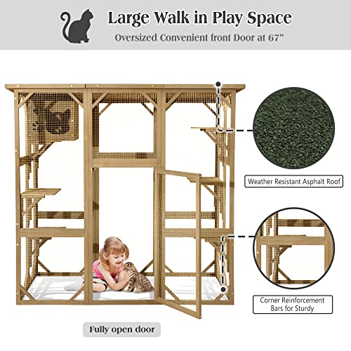 TITIMO Catio Outdoor Cat Enclosure, Large Wooden Outdoor Cat House with Small House, Cat Cage with 6 Platforms and Weather Protection (Nature Wood,63" x 31.1" x 59.33")