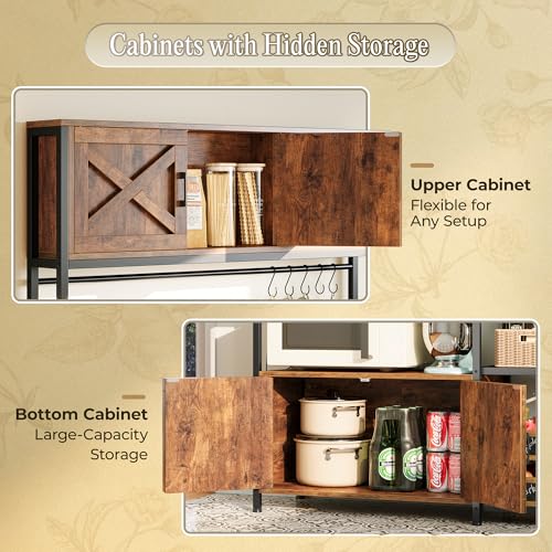 Huuger Large Bakers Rack with Power Outlet, Kitchen Microwave Stand with Cabinets, Coffee Bar Table Station with Storage, 6 S-Shaped Hooks, Mesh Shelves, 45 Inch Wooden Top, Rustic Brown