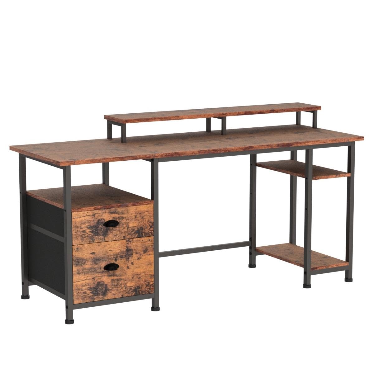 Furologee 61" Desk with Fabric File Drawer, Reversible Computer Desk with Shelves and Drawer, Industrial Writing Desk with Monitor Stand, Long Study Table Workstation for Home Office, Rustic  - WoodArtSupply