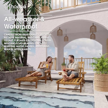 THOEOE Patio Chaise Lounge Chair, Oversized Lounge Chair Outdoor with 5 Positions, 78″ Long, HDPE, Patio Lounge Chair with Wheels & Cup Holder for Pool, Deck, Poolside,Wood THOEOE