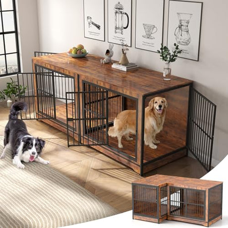 Rovibek 86 Inch Double Dog Crate Furniture, Dog Cage Furniture with Removable Divider & Trays, Large Wooden Dog Crates for 2 Dogs Indoor with Three Doors, Rustic Brown Rovibek