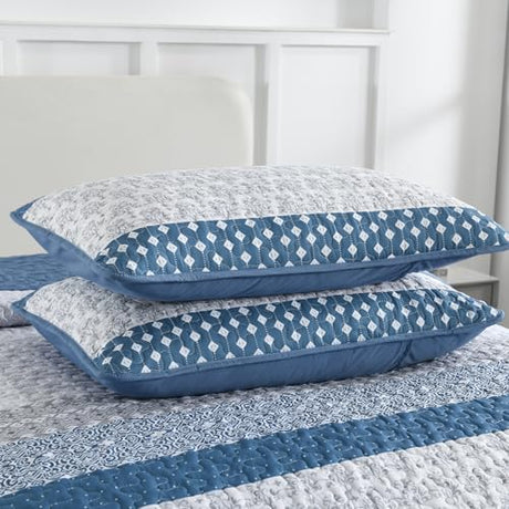 WONGS BEDDING Blue Quilt King Size, Bohemian Stripe Quilt Sets 3 Pieces Boho Quilted Bedspread Set Lightweight Microfiber Coverlet Bedding Set All Season (104"x90") WONGS BEDDING
