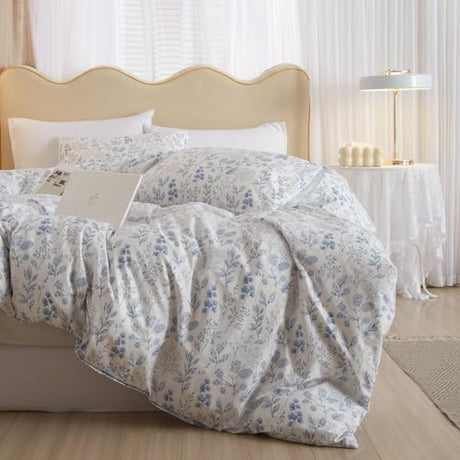 Queen Comforter Set White Blue Floral Bedding Comforter Set Queen Vintage Style Garden Floral Comforter Set for Girls Botanical Flower Comforter Set for All Seasons 1 Boho Comforter with 2 Pillowcases LifeTB