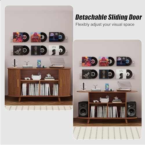 KSOBEBVT Record Player Stand with Vinyl Storage, Modern Media Cabinet with Charging Station & LED Lights, Sliding Door Turntable Stand, Audio-Visual Shelving Unit for Living Room KSOBEBVT
