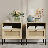 Boho Rattan Nightstands Set of 2 with Metal Legs and Open Shelf, Natural Wood Finish Angel Sar