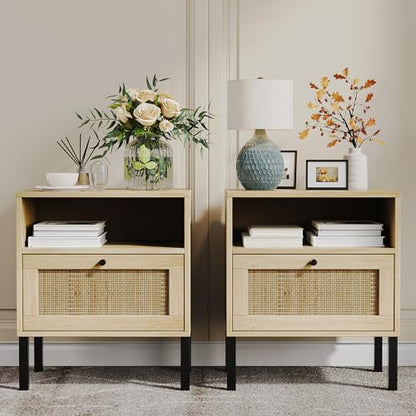 Rattan Nightstands Set of 2, Boho Night Stand with 1 Door, Accent End Table, Wood Bediside Table with Metal Legs&Open Shelf, Natural Wood