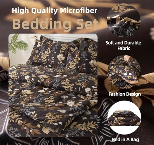 SDY 7PCS Dark Floral Comforter and Sheet Set Full Size, Black Flower Bedding Set for Girl/Women Gift Includes 1*Comforter,1* Flat Sheet, 1*Fitted Sheet,2*Pillowcases and 2*PillowcaseShams SDY
