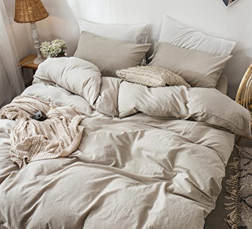 MooMee Bedding Duvet Cover Set 100% Washed Cotton Linen Like Textured Breathable Durable Soft Comfy (Heathered Tannish Linen Grey, King 104"x90") MooMee