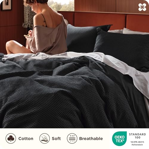 Bedsure Cotton Duvet Cover Set - 100% Cotton Waffle Weave Black Duvet Cover Oversized King Size, GentleSoft™ and Breathable Bedding Set for All Season, 3 Pieces, 120"x98" Bedsure