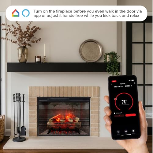 Modern Ember Uptown 28" Smart Electric Fireplace Insert with Remote, Alexa/WiFi Enabled - 1,000 Sq Ft Electric Heater with Realistic Flames and Log Set, Concrete Background Modern Ember