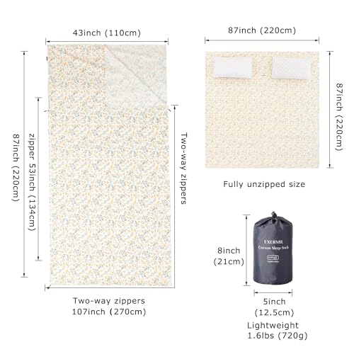 Exermil 100% Cotton Sleeping Bag Liner with Full Length Zipper on 3 Sides; Single/Double Adult Sleep Sack for Travel & Camping, Multifunctional Travel Sheets (Unzipped 87”x87”) for Hotel, Lightweight EXERMIL