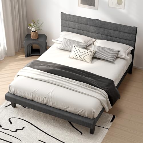 VINGLI Full Bed Frame with Headboard,Upholstered Platform Bed with Adjustable Headboard,Heavy Duty Slats Support,Mid Century Modern,Noise Free, No Box Spring Needed, Dark Gray VINGLI