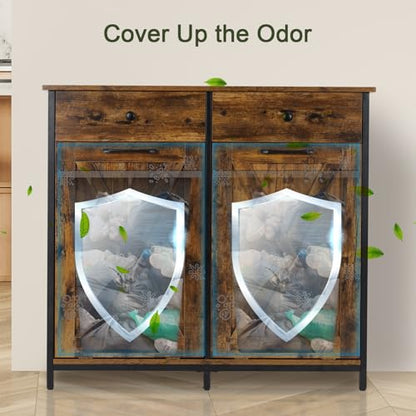 Clevich Double Tilt Out Trash Cabinet 20 Gal, Kitchen Wooden Recycling Cabinet, Hidden Trash Can Holder w/Drawers & Tabletop, Dog-Proof Trash Bin Cabinet, Trash Bins NOT Included (Retro Brown - WoodArtSupply