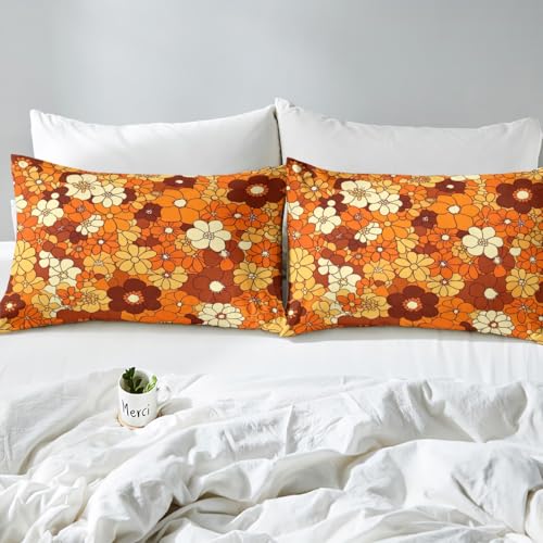 Boho Floral Bed Sheets Set King Retro Groovy Flowers Sheet Set 60S 70S Hippie Flower Power Bedding Set For Kids Girls Women Groovy Natural Garden Botanical Fitted Sheet Orange Brown Flat Sheet 4 Pcs Erosebridal