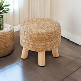 ALeesing Round Ottoman Natural Seagrass Footstool, Round Footstool with 4 Wood Legs, Hand Woven Round Footstool Sofa Stool, Multifunctional Modern Dressing Stool, Sofa Side Table for Bedroom (Nature) ALeesing
