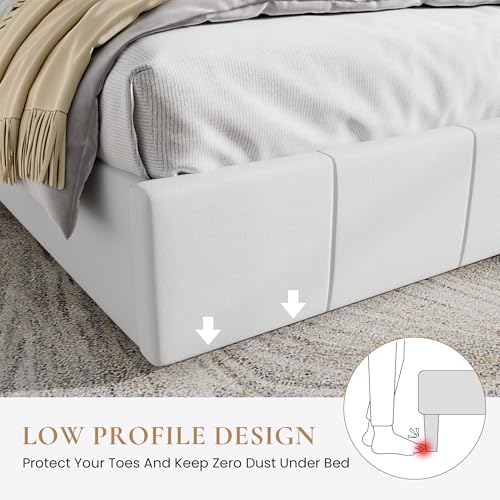 SHA CERLIN Full Size Bed Frame, Velvet Upholstered Platform Bed, Vertical Channel Tufted Adjustable Headboard, Low Profile Bed Frame, No Box Spring Needed, Easy Assembly, White SHA CERLIN