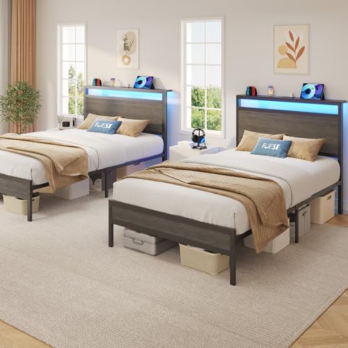 Fluest Twin Bed Frame with Headboard & Footboard, Twin Bed Frame with Charging Station & LED Light, Under-Bed-Storage, No Box Spring Needed, Noise Free, Easy Assembly, Rustic Grey Fluest