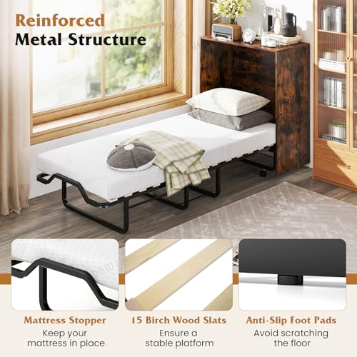 Giantex Murphy Bed Cabinet with Mattress Included, 74" x 31" Cot Size Fold Out Bed with Storage & Lockable Wheels, Metal Frame, 2 in 1 Roll Away Bed with Mattresses for Adults Guests Giantex