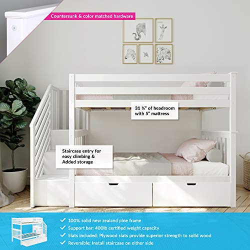 Max & Lily Twin Bunk Bed with Staircase and Storage Drawers, Underbed, White Max & Lily