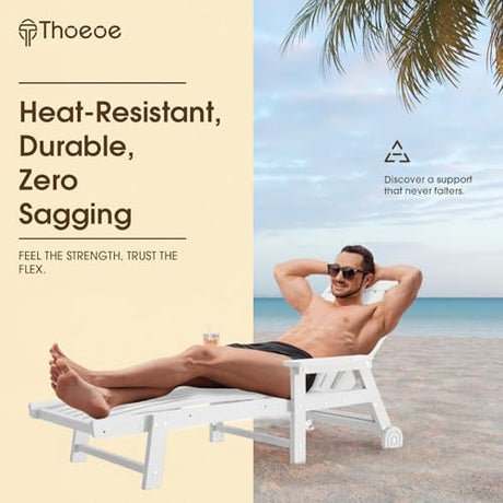THOEOE Patio Chaise Lounge Chair, Lounge Chair Outdoor with 5 Positions, HDPE, Patio Lounge Chair with Wheels & Cup Holder for Pool, Deck, Poolside,White THOEOE